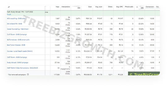 Detailed campaign performance table showing conversion rates from 22% down to 1.4%