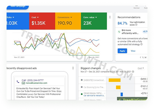 Google Ads campaign overview showing 1.03K clicks, $1.35K cost, 190 conversions, $23K conversion value